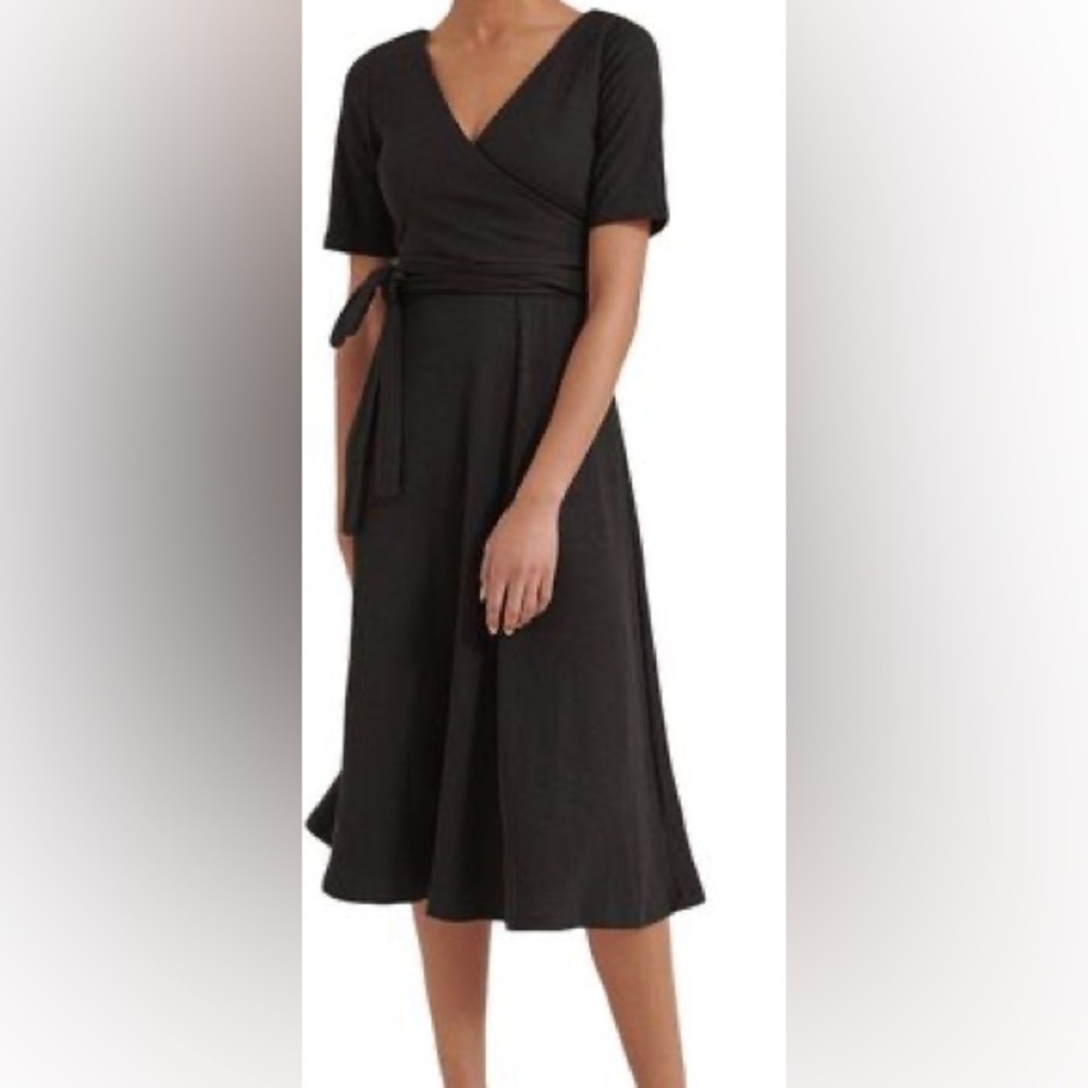Modern Citizen Black Ribbed Jersey Short Sleeve Ruth Wrap Dress